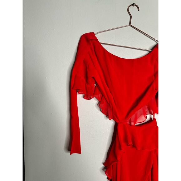 FAME & PARTNERS Red Chiffon Ruffle A-Line Mid-Cut Out Marse Gown Dress Size 2 - Picture 16 of 16